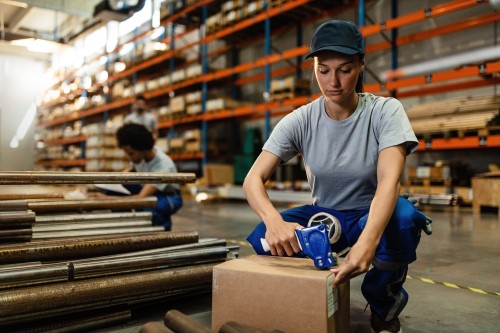 Female Warehouse worker packing Cartoon Box