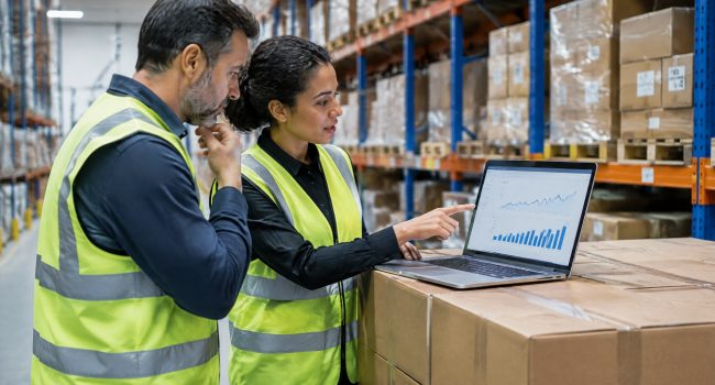 Warehouse supervisors reviewing forecasted order volume to plan labor needs