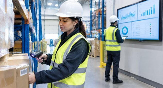Warehouse worker scanning cartons while a colleague tracks labor performance on a dashboard