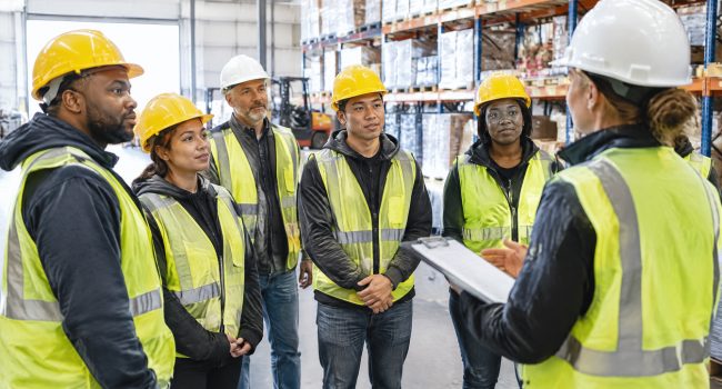 Warehouse team of full-time and temporary workers at a shift briefing