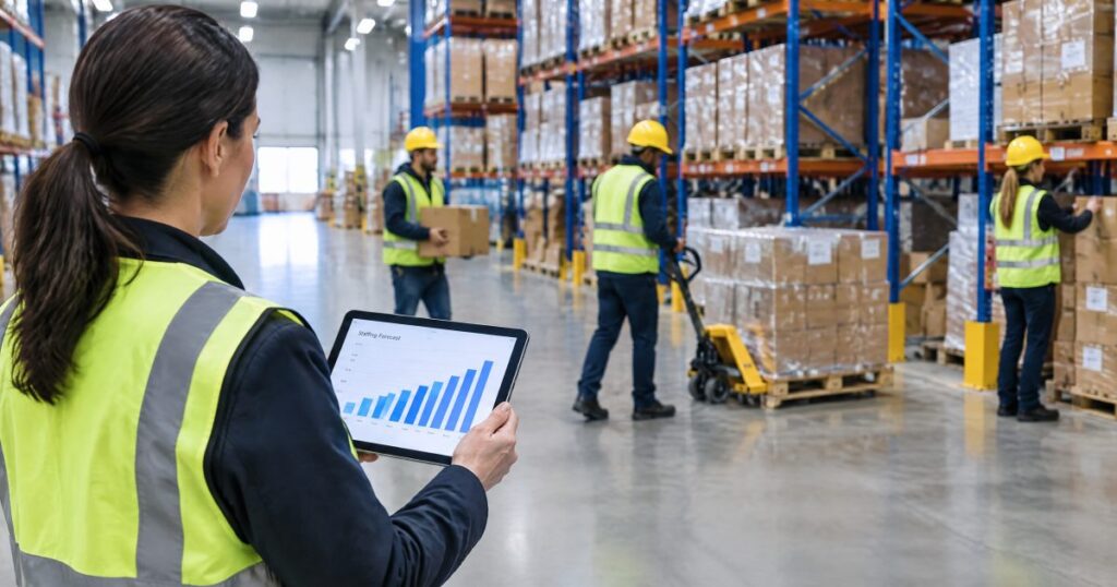 Warehouse manager reviewing a staffing forecast on a tablet for warehouse labor planning