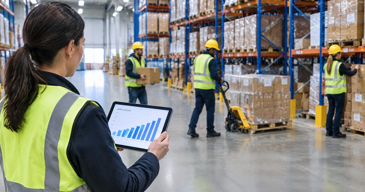 Warehouse manager reviewing a staffing forecast on a tablet for warehouse labor planning
