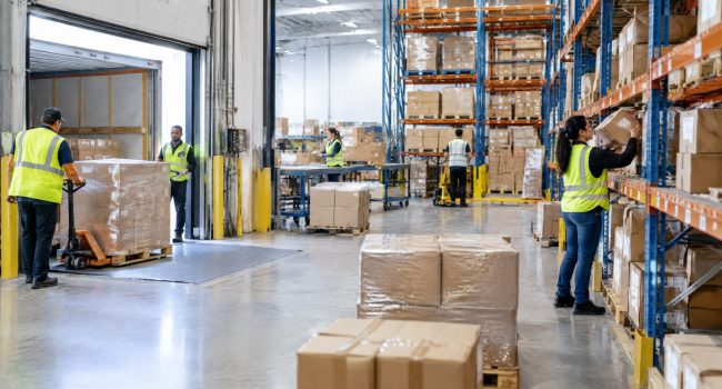 Warehouse associates receiving, picking, and staging orders in a modern distribution center