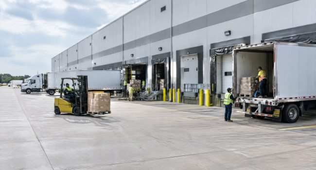 Workers loading trucks at multiple dock doors of a third-party logistics distribution center