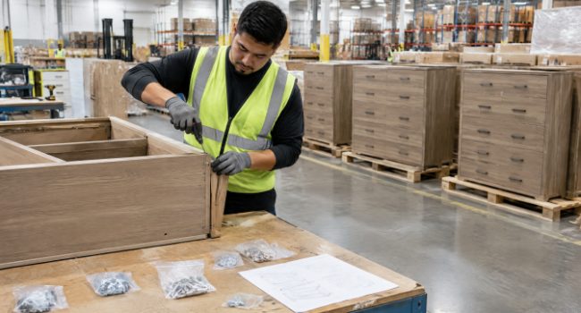 Warehouse worker assembling a dresser with hardware and instructions in a 3PL fulfillment center