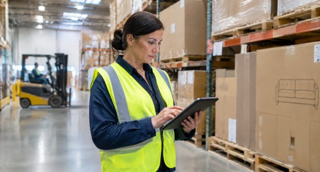 Operations manager checking warehouse labor schedules and furniture inventory on a tablet