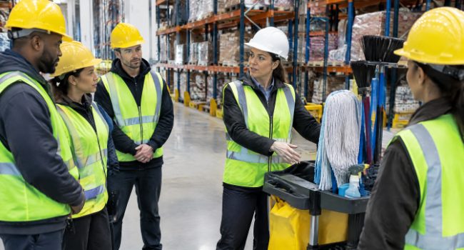 3PL team leader training warehouse workers on food warehouse cleaning procedures