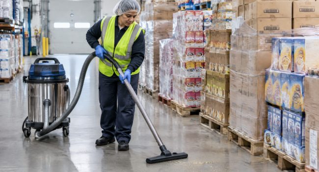 Warehouse worker using a vacuum for dry cleaning beside pallets of packaged dry food