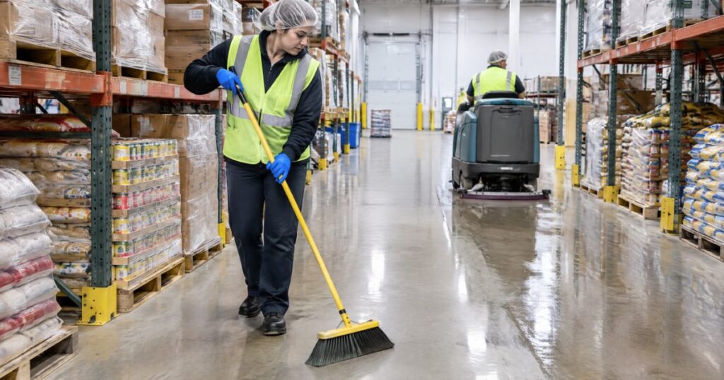 Warehouse worker dry sweeping an aisle while a floor scrubber wet cleans a food warehouse