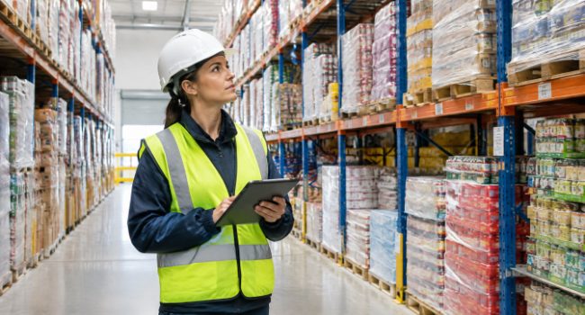 Sanitation supervisor with a tablet inspecting a clean food warehouse aisle