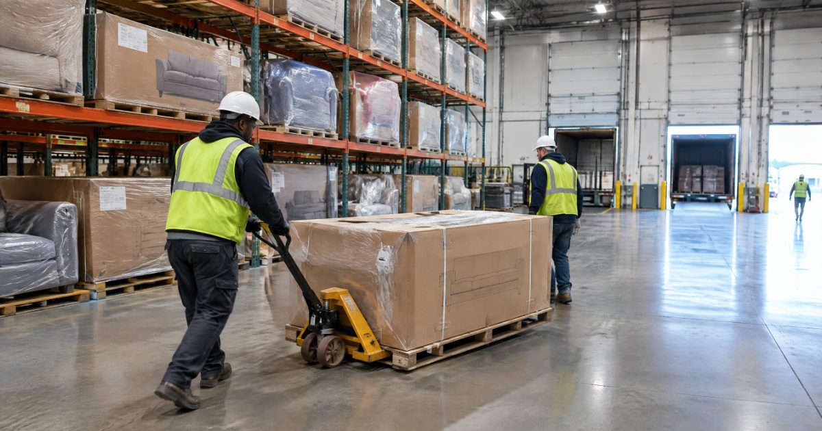 Warehouse workers moving a boxed sofa on a pallet jack in a furniture distribution warehouse