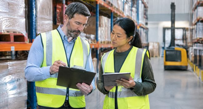 Warehouse manager and staffing agency representative reviewing temporary worker safety documents