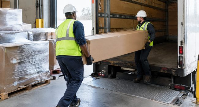 Two warehouse workers loading a large furniture box into a delivery truck at a loading dock