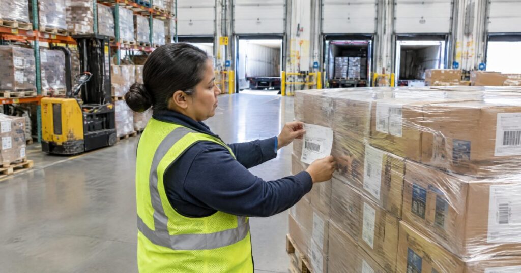 Warehouse worker applying a retail compliance label to a shrink-wrapped pallet in a distribution center