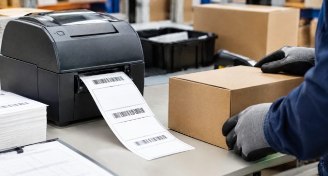 Thermal printer printing barcode shipping labels at a warehouse packing station