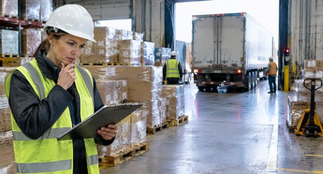 Warehouse supervisor checking a clipboard at a busy loading dock during a supply chain disruption