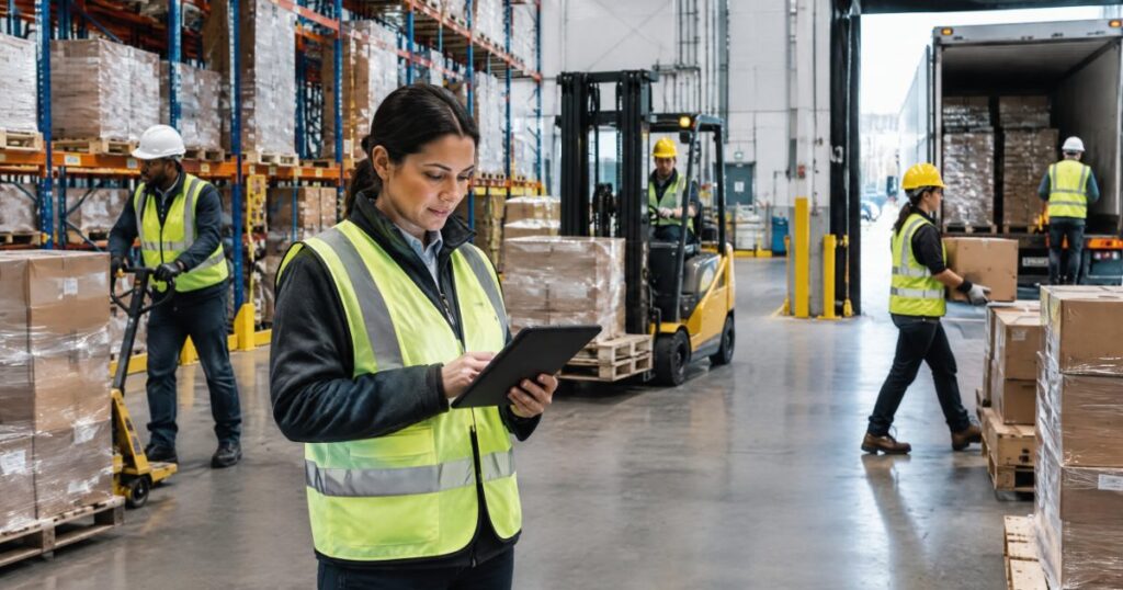 Warehouse manager reviewing staffing on a tablet while flexible labor teams move pallets in a distribution center