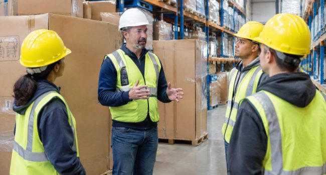 Team lead giving a safety briefing to temporary warehouse labor beside large furniture cartons
