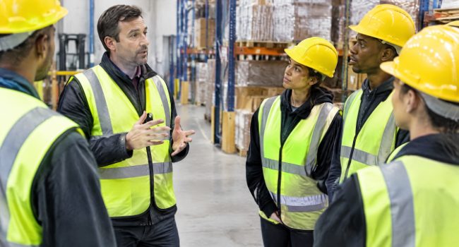 Supervisor briefing temporary warehouse labor workers at the start of a shift