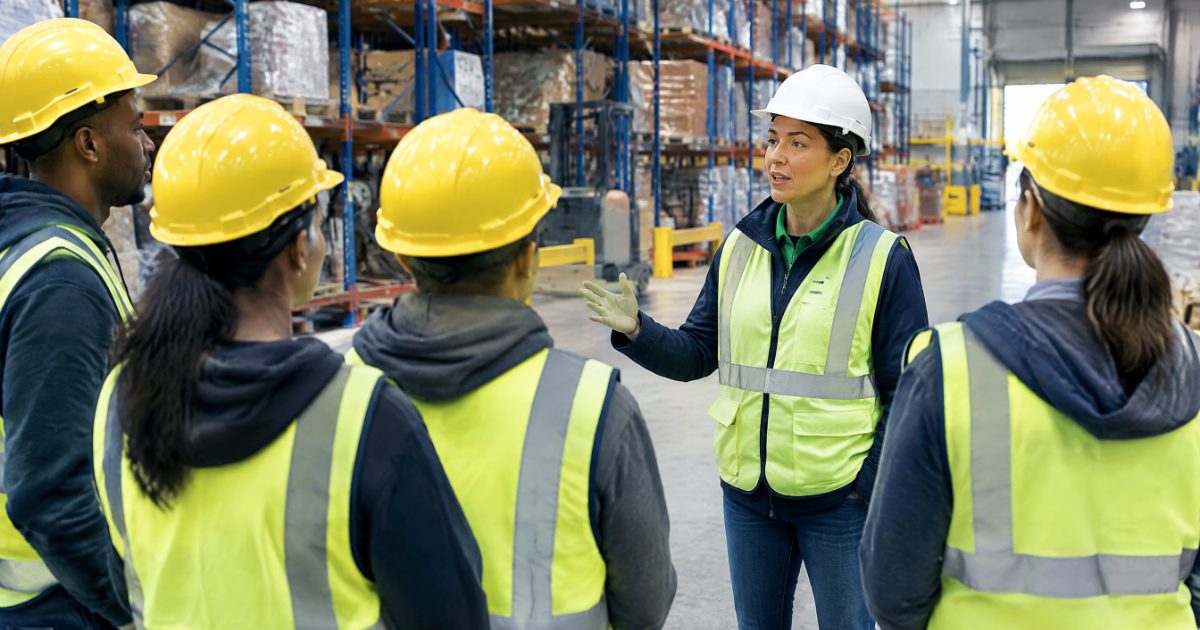 Warehouse supervisor giving a safety briefing to temporary workers in hi-vis vests and hard hats