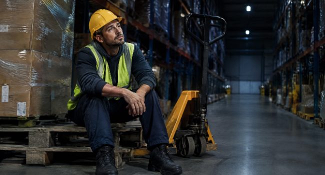 Tired warehouse worker resting beside a pallet jack during a late overtime shift