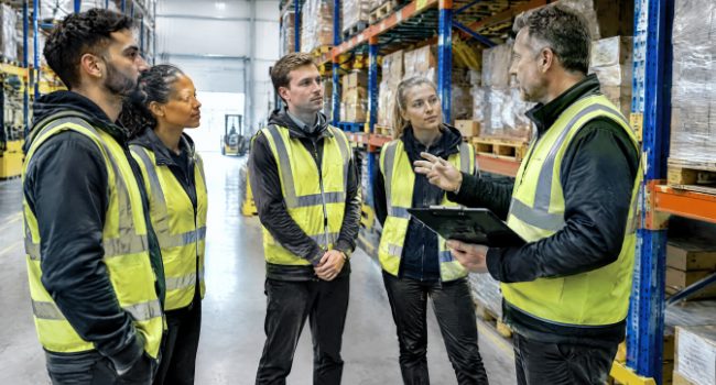 Site supervisor briefing a traveling warehouse labor crew beside pallet racking