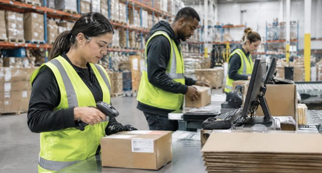 Warehouse labor workers scanning and packing customer orders at a packing station