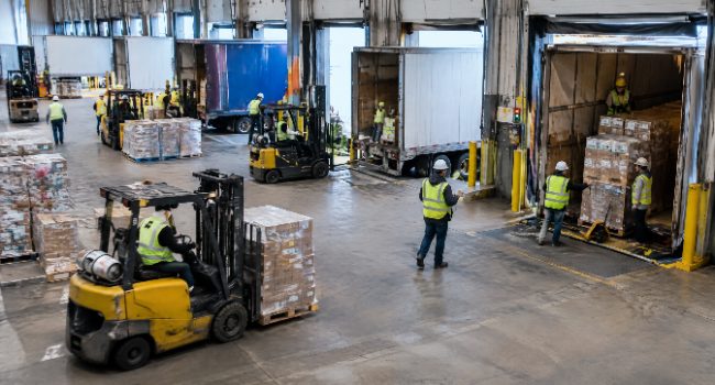 Warehouse team loading trailers at a busy loading dock during peak season