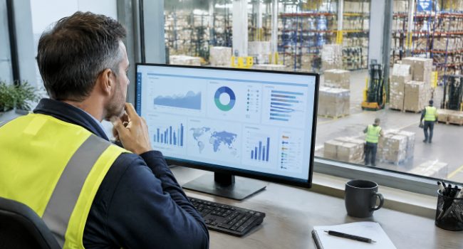 Warehouse manager reviewing WMS performance dashboards across sites