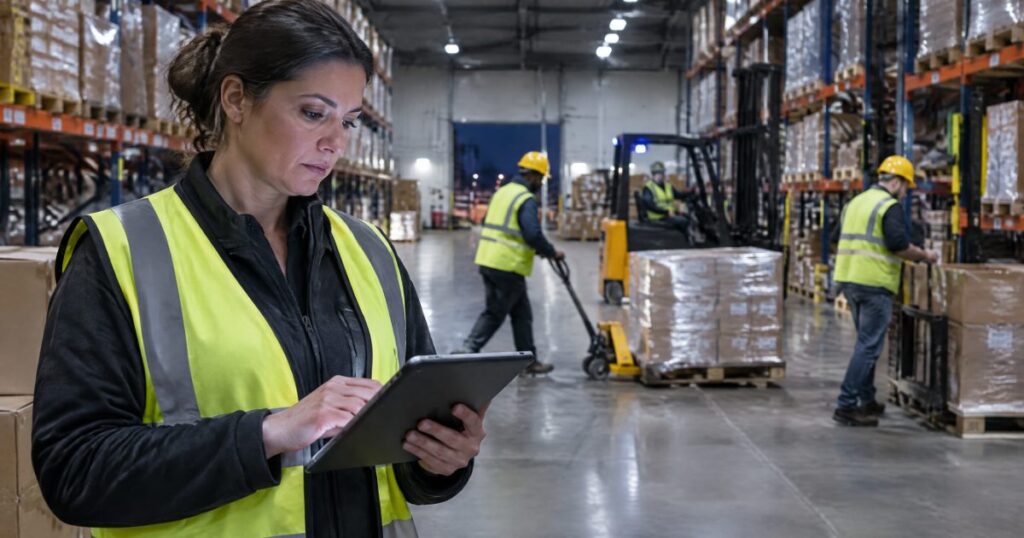 Warehouse supervisor reviewing a shift schedule on a tablet as workers move pallets during overtime