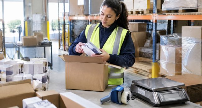 Warehouse worker inspecting products and packing a carton at the packing station