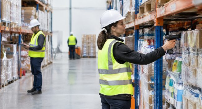 Warehouse workers picking retail orders from pallet racking with a handheld scanner