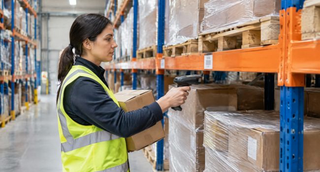 Warehouse worker scanning a rack location label during putaway