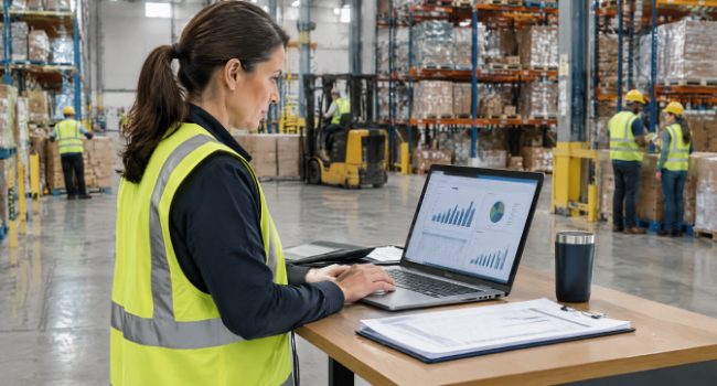 Warehouse safety manager reviewing incident reports and safety KPI charts on a laptop