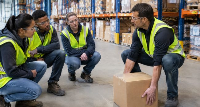 Trainer demonstrating safe lifting technique to temporary warehouse workers