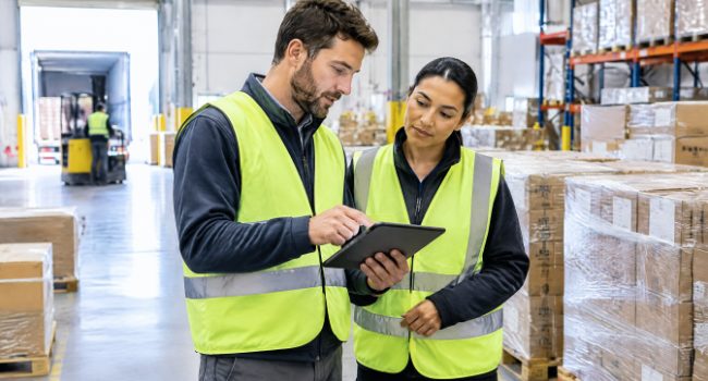 Warehouse supervisors reviewing shipping metrics on a tablet near outbound pallets