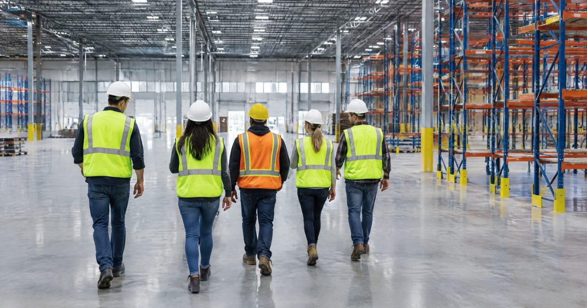 Warehouse travel labor team walking into a new distribution center for a multi-site rollout