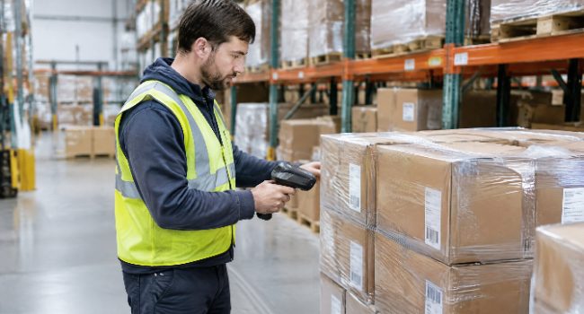 Warehouse worker scanning cartons on a pallet to check order accuracy