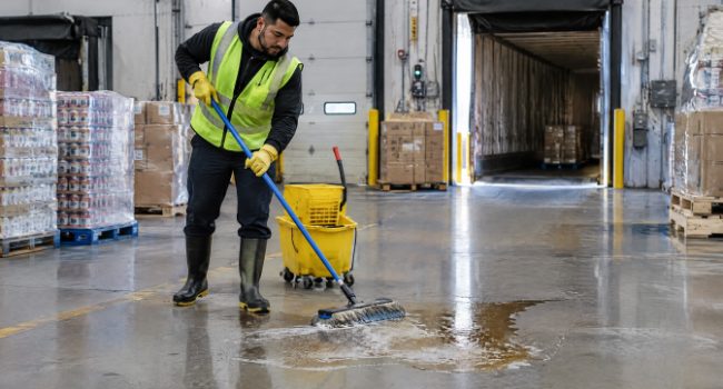 Warehouse worker wet cleaning a sticky spill on a food warehouse receiving dock floor