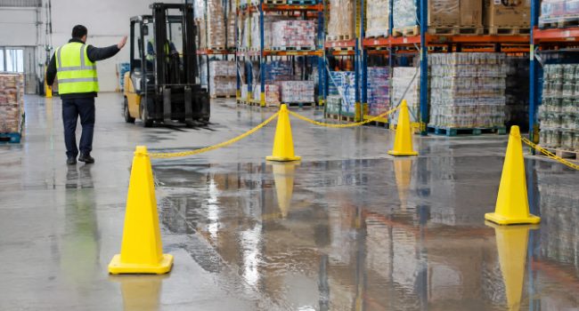 Wet warehouse floor cordoned off with caution cones while a worker redirects a forklift